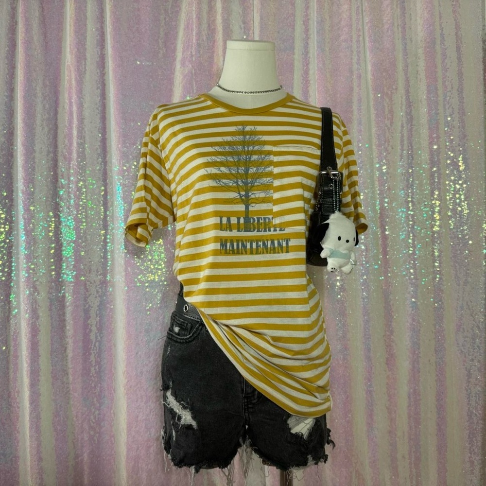 Apolis Mustard Yellow & White Tree Striped Graphic Tee Shirt (M) ★